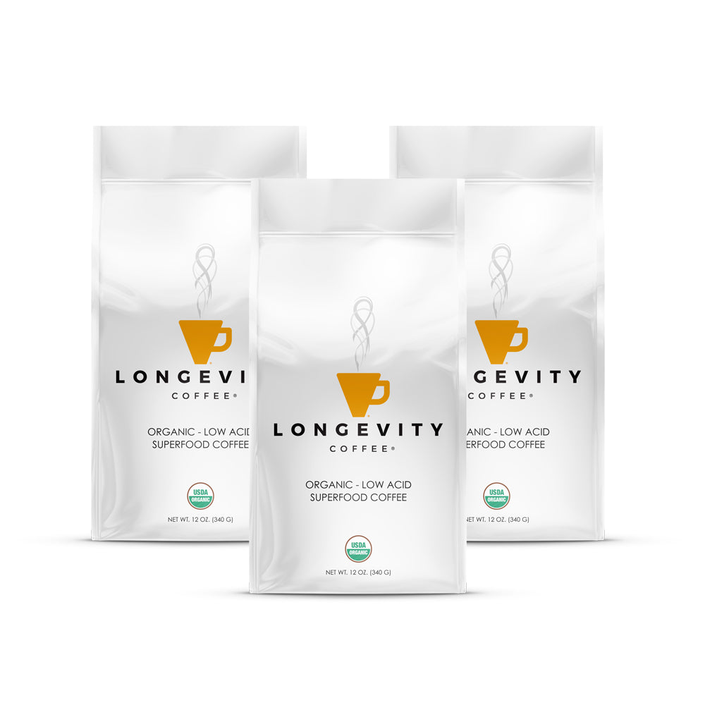 Longevity Coffee, 12oz, 3 Pack (Dark Roast, Medium Roast, Light Roast, and Decaffeinated)